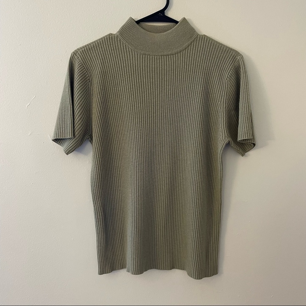 Studio Works Vintage Grandma Boho High Neckline Ribbed Sweater Top Short Sleeve